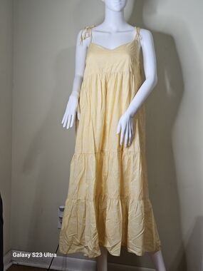 the nines by Hatch Pale Yellow Tie-Shoulder Tiered Maxi Dress